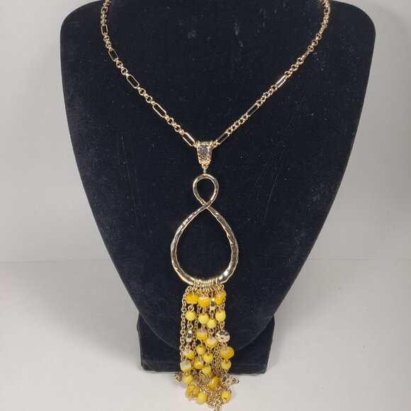 Gold Teardrop Infinity Tassel Necklace — Multi‑Strand Yellow Bead Accent Pendant - Picture 10 of 11